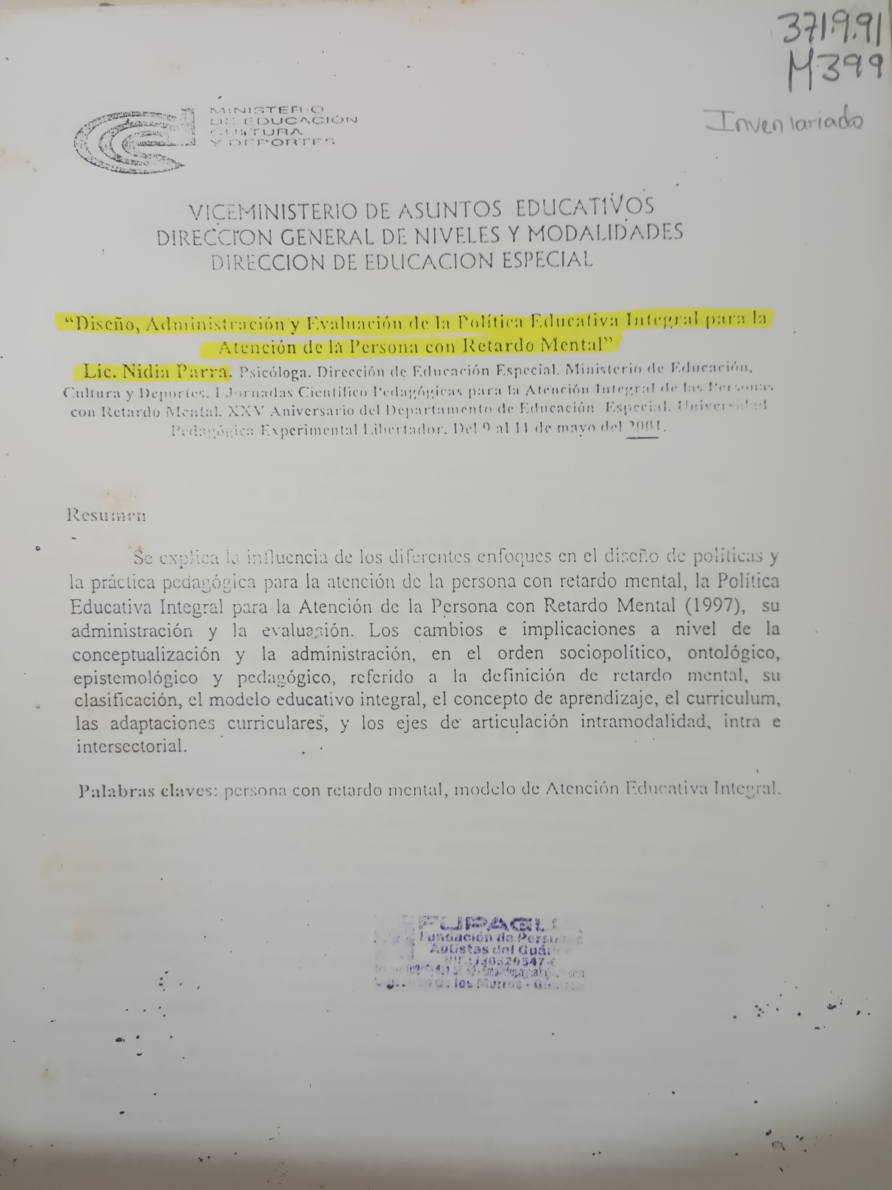 Portada de Diseño Administrativo y Evaluación de la Política Educativa Integral para la Atención de la Persona con Retardo Mental