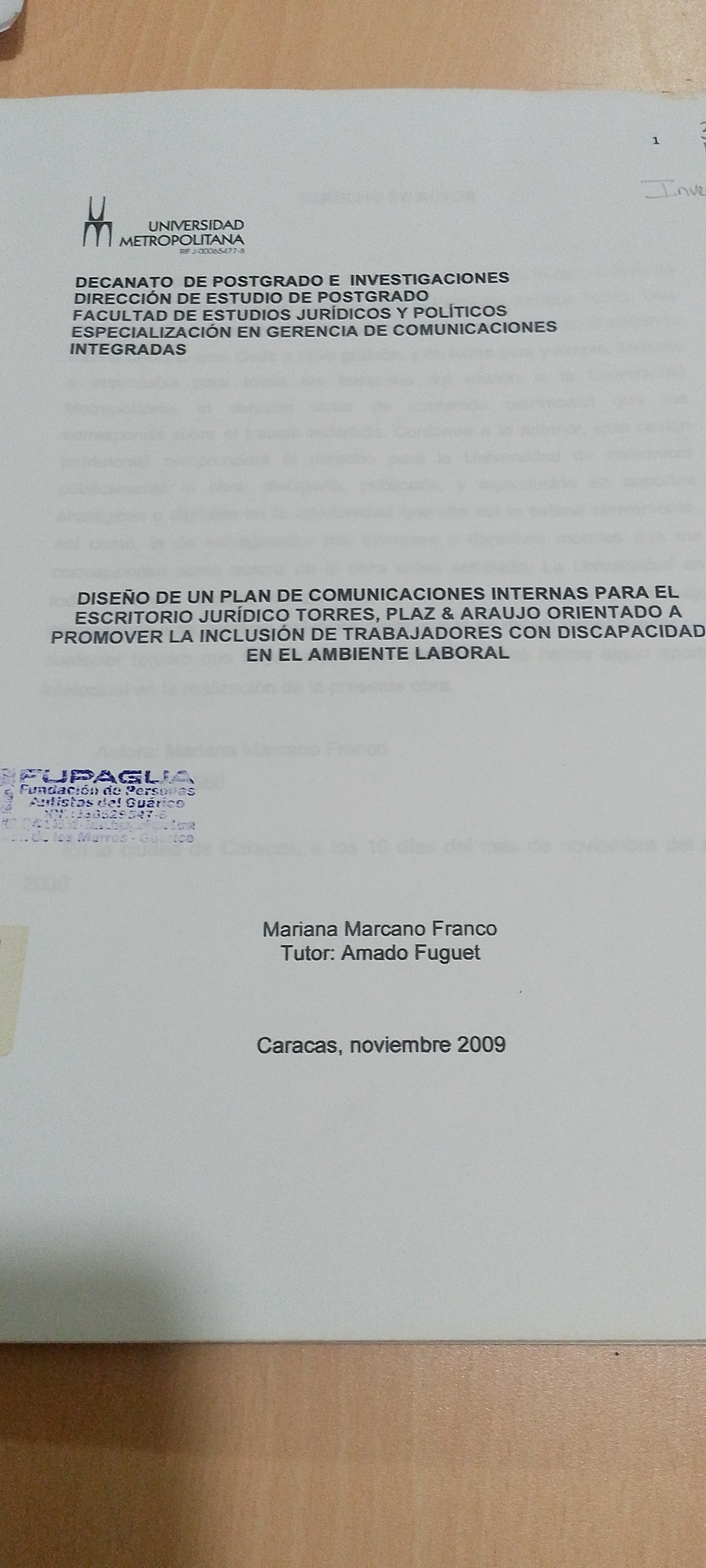 Portada de Diseño de un plan de comunicaciones internas para el escritorio jurídico Torres, Plaz & Araujo, orientado a promover la inclusión de trabajadores con discapacidad en el ambiente laboral