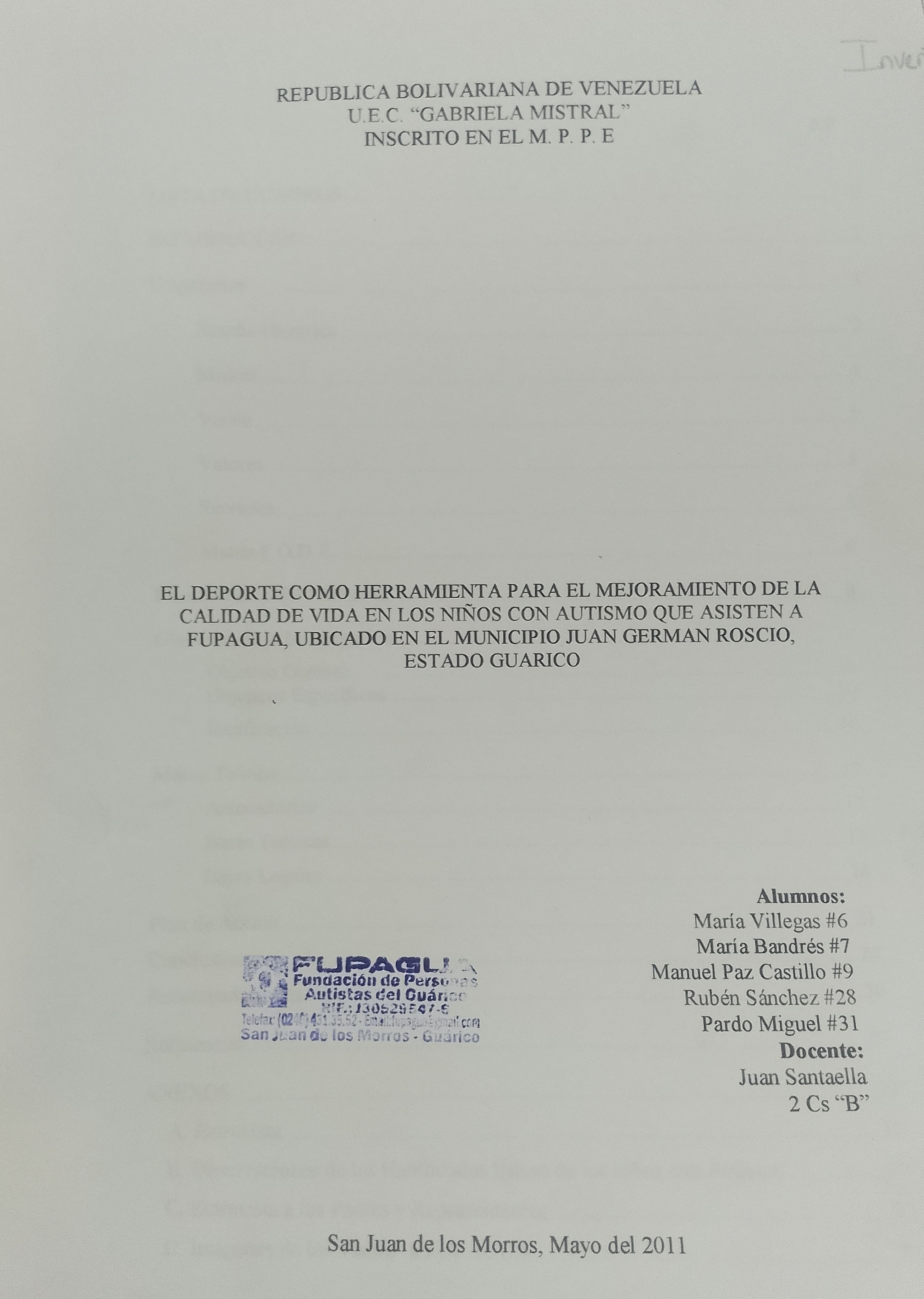 Portada de El deporte como herramienta para el mejoramiento de la calidad de vida en los niños con autismo que asisten a FUPAGUA, ubicado en el municipio Juan Germán Roscio, Estado Guárico.