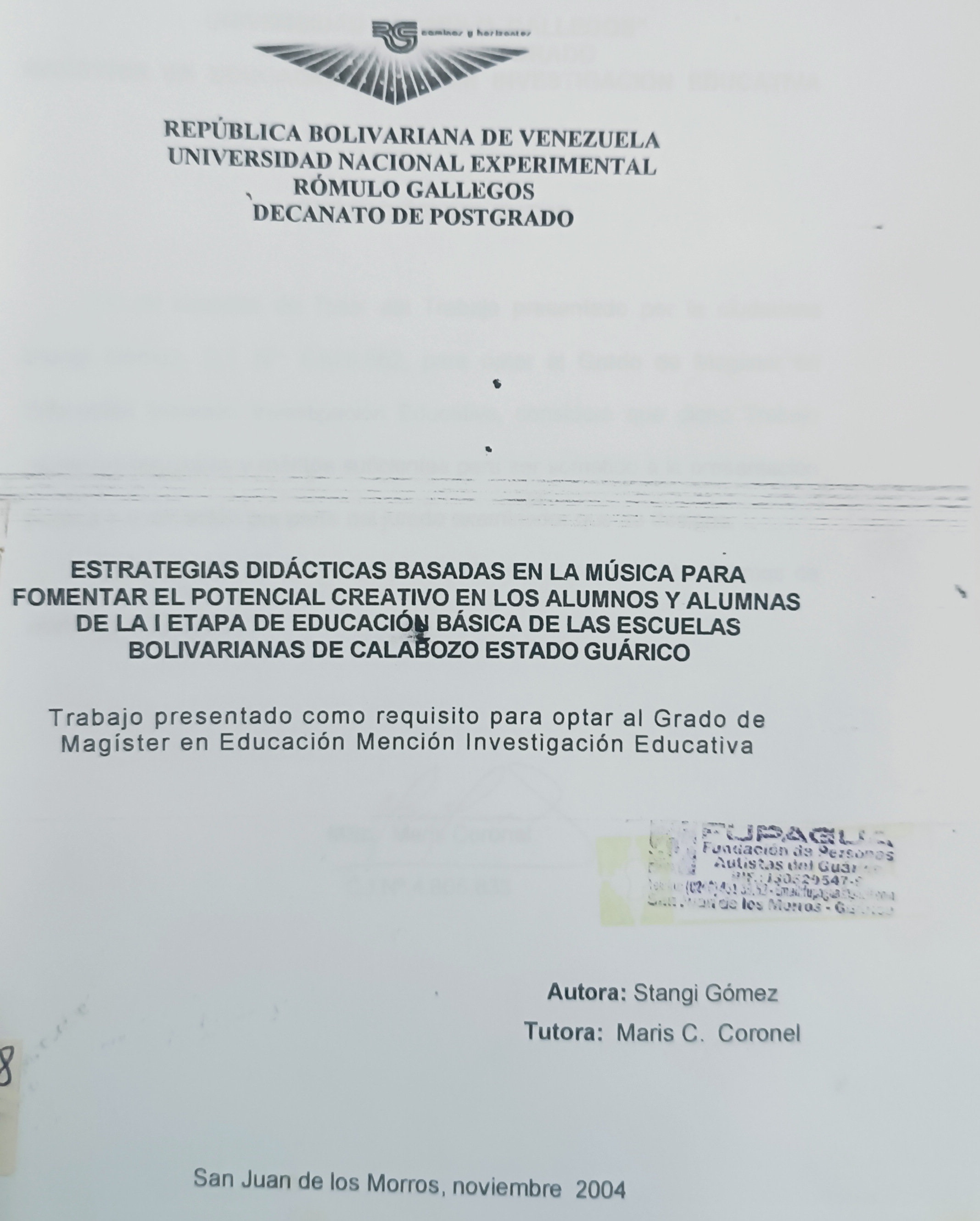 Portada de Estrategias didácticas basadas en la Música para fomentar el potencial creativo en los alumnos y alumnas de la I etapa de educación básica de las Escuelas Bolivarianas de Calabozo, Estado Guárico