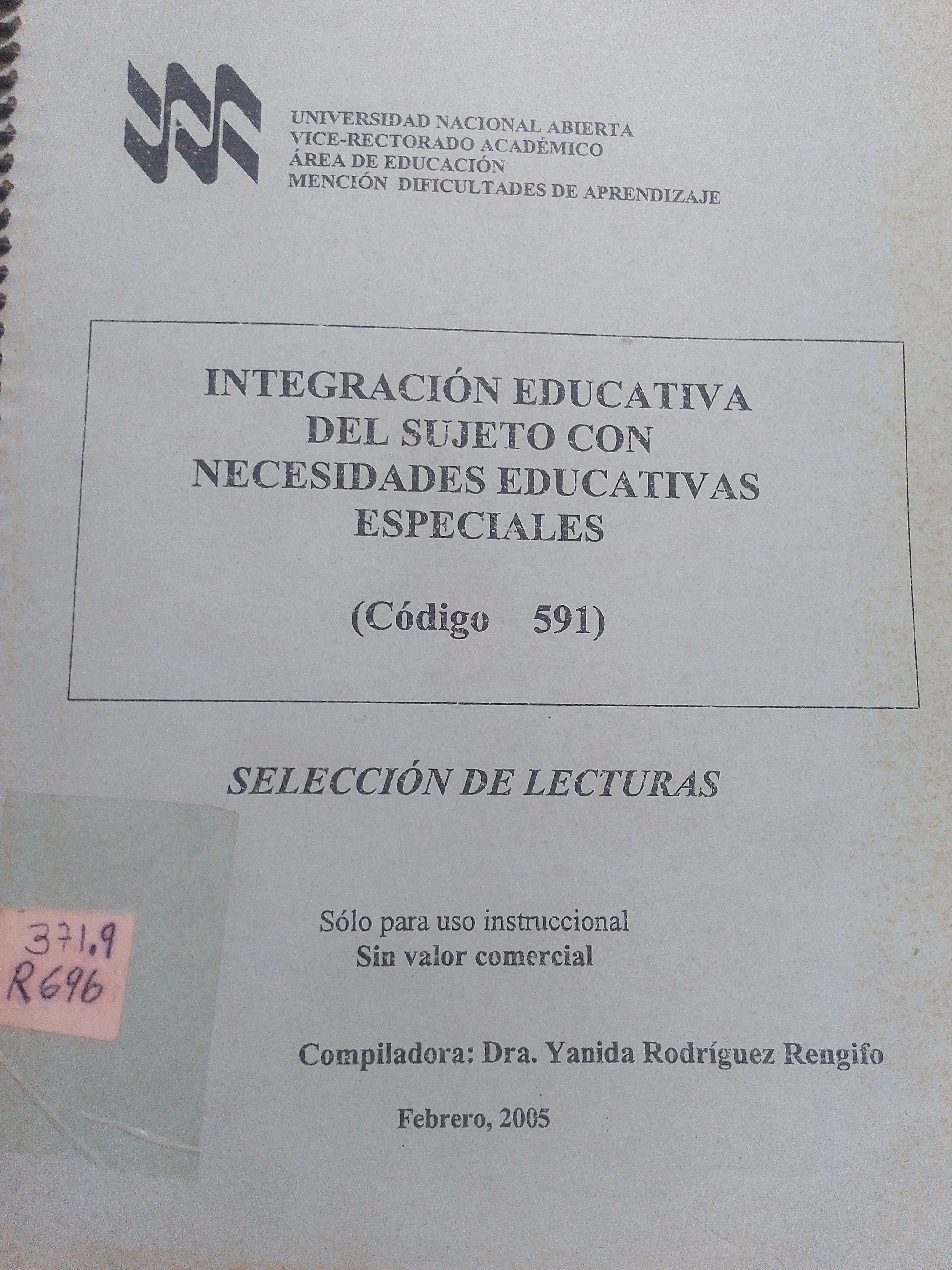 Portada de Integración educativa del sujeto con necesidades educativas especiales