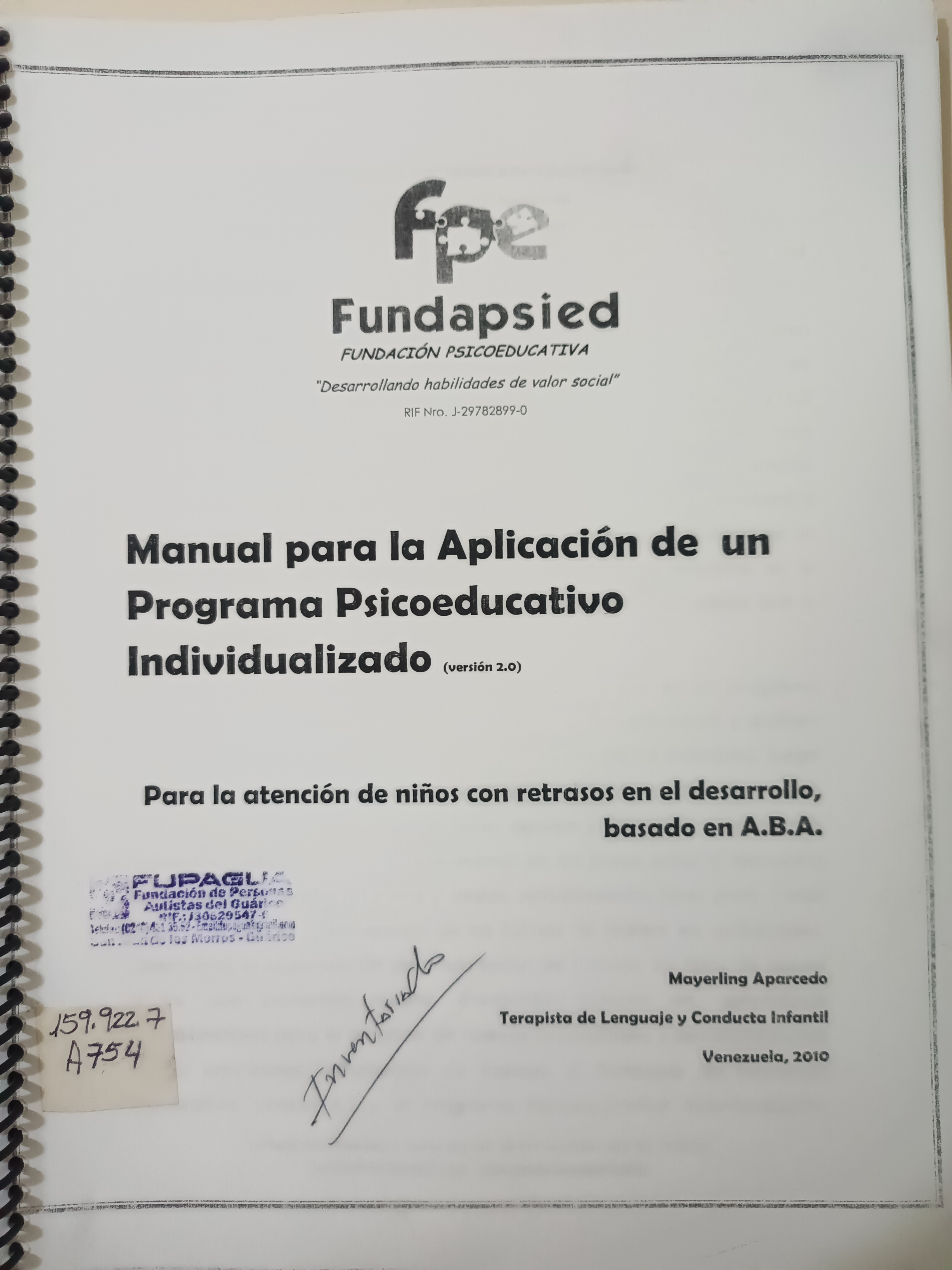 Portada de Manual para la Aplicación de un Programa Psicoeducativo Individualizado (versión 2.0) para la atención de niños con retraso en el desarrollo basado en A.B.A