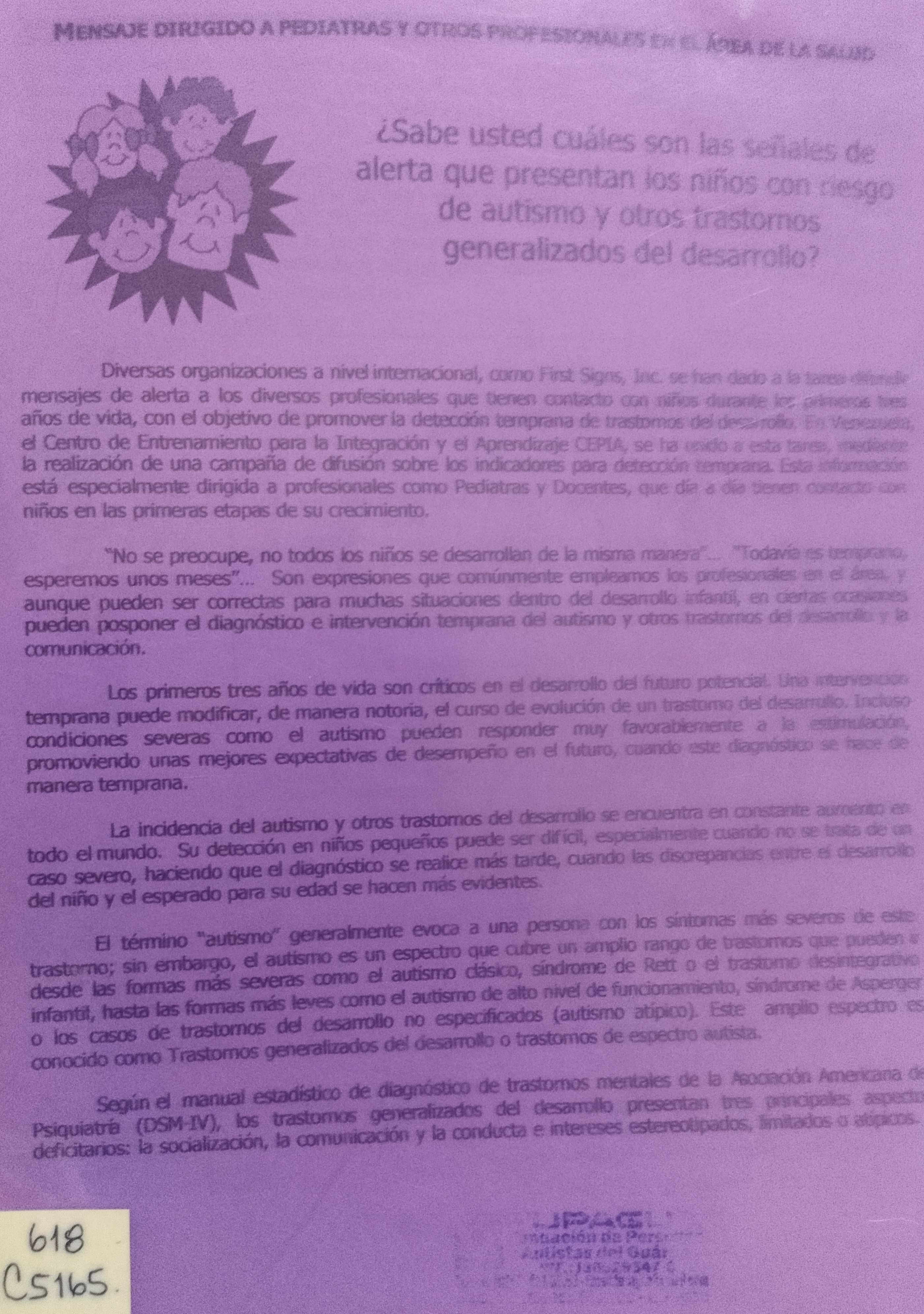 Portada de Mensaje dirigido a pediatras y otros profesionales en el área de la salud